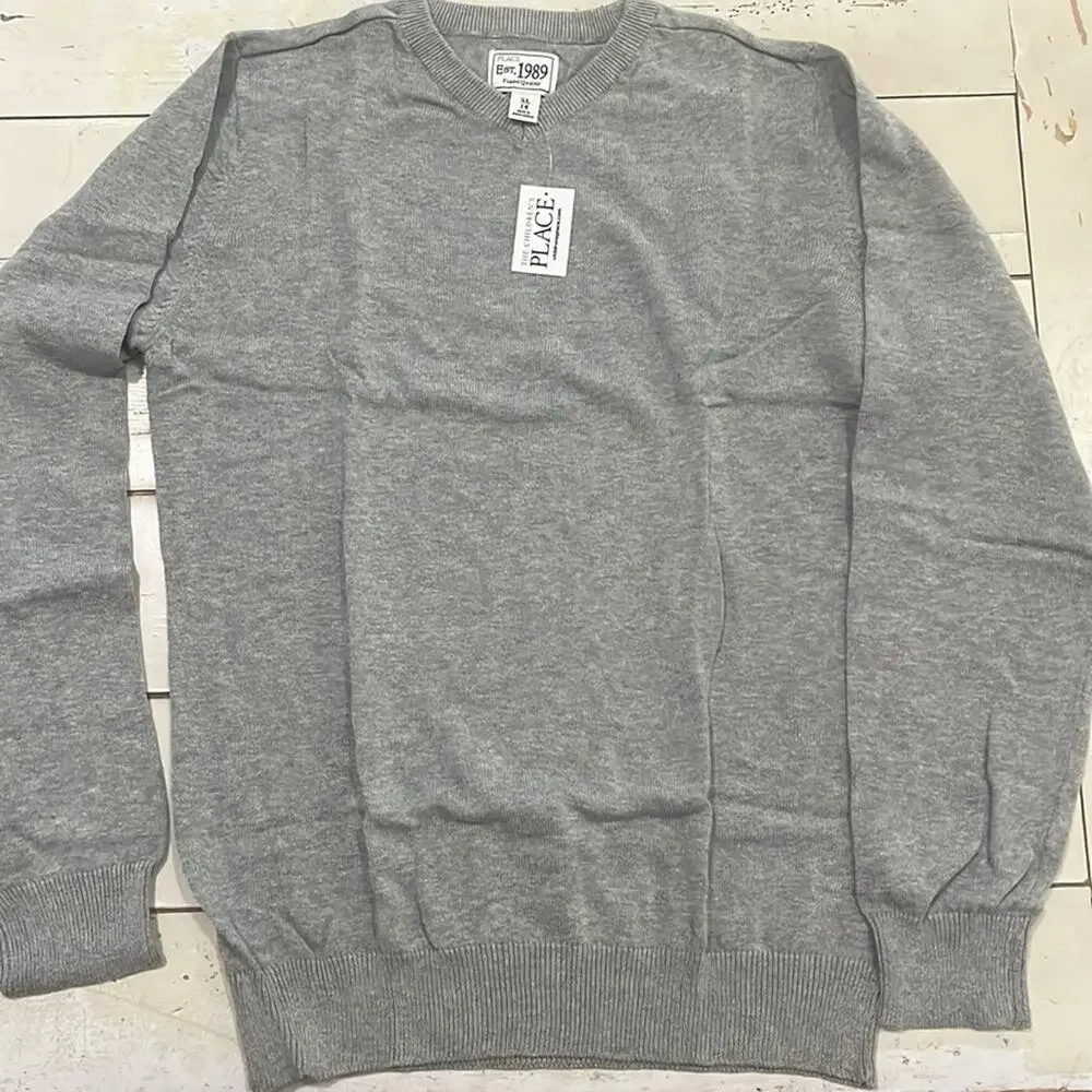 Children’s Place Sweater Boys XL 14 Long Sleeve V-neck Heather Grey 100% Cotton